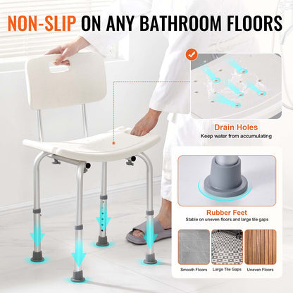 Shower Chair, Shower Seat with Back, Shower Stool with Adjustable Height, Shower Chair for Indoor Shower Tub, Non-Slip Bathroom Bench Bath Chair for Elderly Disabled Handicap, 158.8 kg Capacity