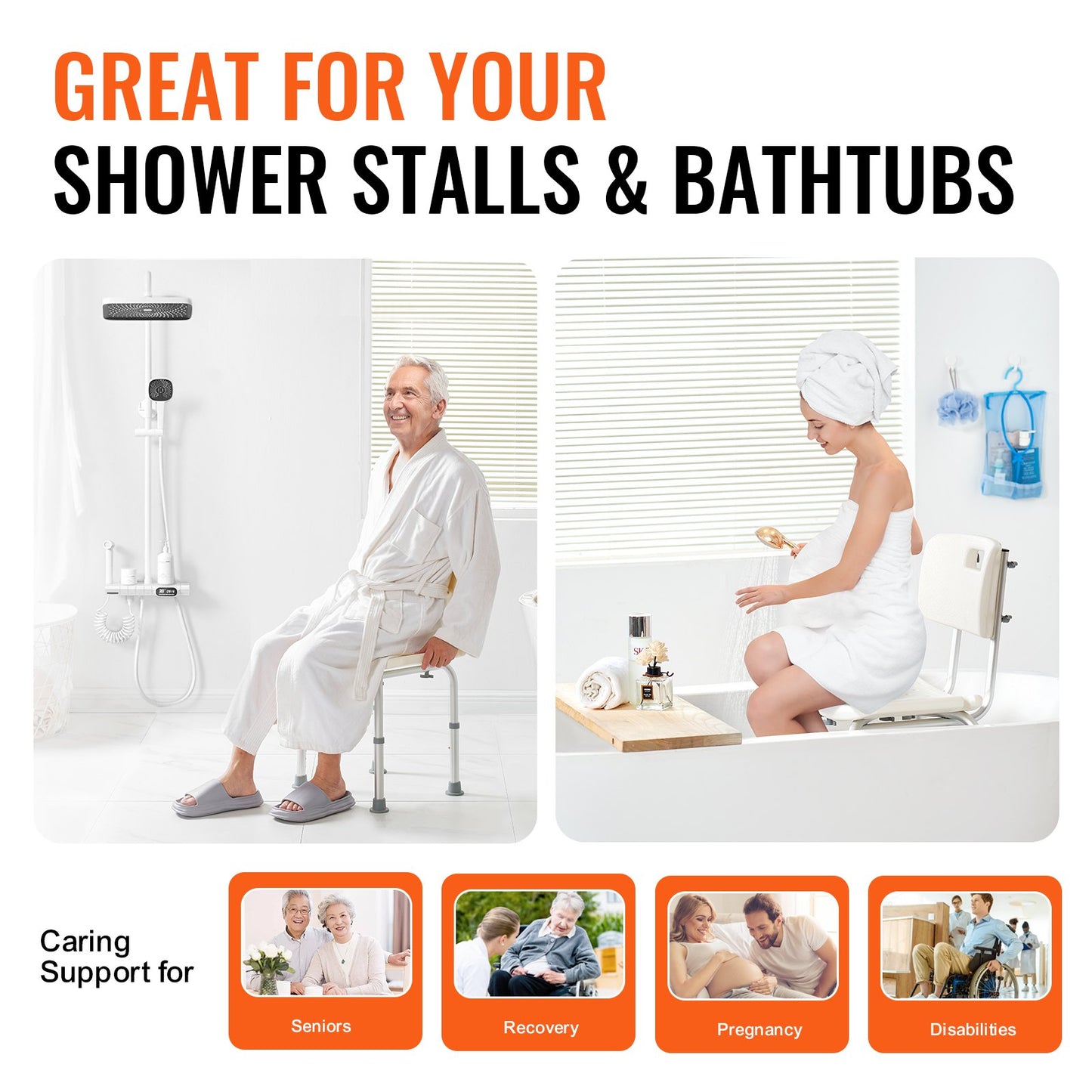Shower Chair, Shower Seat with Back, Shower Stool with Adjustable Height, Shower Chair for Indoor Shower Tub, Non-Slip Bathroom Bench Bath Chair for Elderly Disabled Handicap, 158.8 kg Capacity