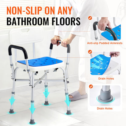 400lbs Shower Chair Bathtub Bench Arms Back Adjustable Height for Inside Bathtub