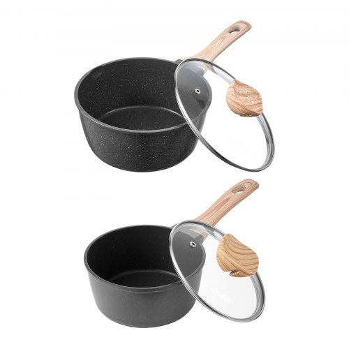 Kastrullset, 1,5 QT och 2,5 QT Nonstick-kastrull med glaslock, mångsidiga såsgrytor med avtagbara handtag, kastrull för kök med beläggning, induktionskompatibel, svart |  EU