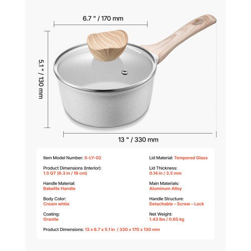 1,5 QT Antihaft-Kochtopf mit Glasdeckel und abnehmbarem Griff, Weiß | EU