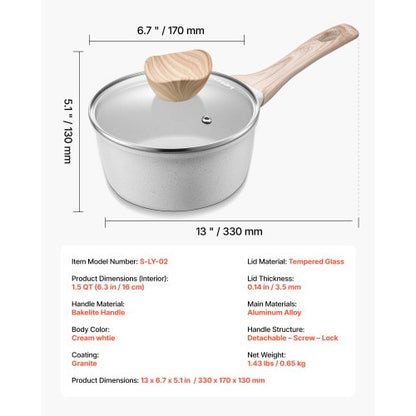 1,5 QT Antihaft-Kochtopf mit Glasdeckel und abnehmbarem Griff, Weiß | EU
