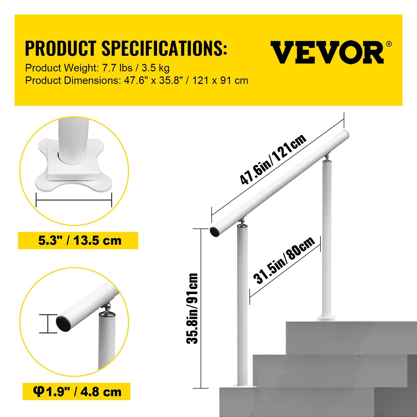 Handrail Outdoor Stairs, 4 Feet, 34 Inch Outdoor Ladder Railing White Outdoor Stair Railing Adjustable from 0 to 60 Degrees Handrail for Outdoor Stairs White Aluminum Stair Railing for Garden