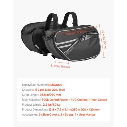 Motorcykelsadelväska, 30 L (15 L x 2) Stor sidosadelväska med vattentätt regnskydd och remmar, Kompatibel med de flesta motorcyklar, Förvaringsväska för utomhussporter, Svart |  EU