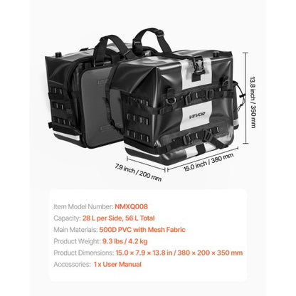 Motorcykelsadelväska, 56 L (28 L x 2) Stor sidosadelväska Kompatibel med de flesta motorcyklar, Vattentätt tyg Utomhussporter Motorcykelbagageförvaring med avtagbar innerväska, Svart |  EU
