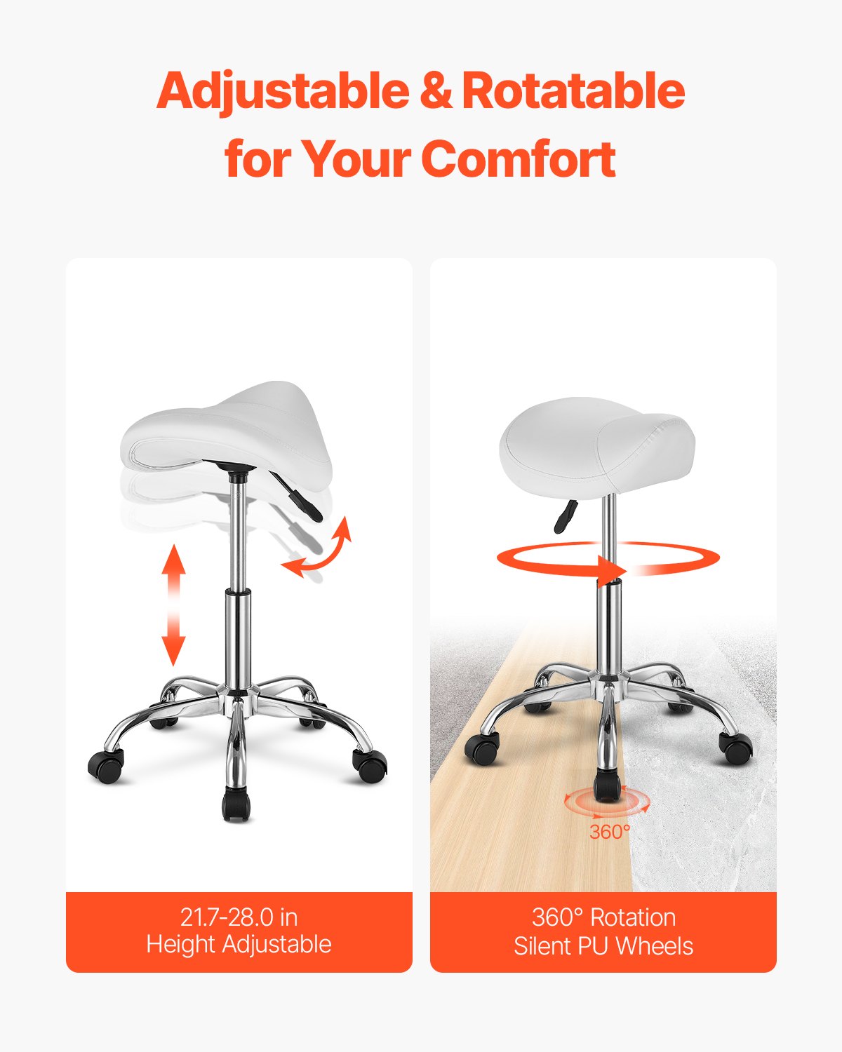 Saddle Stool Swivel Stool with Wheels PU Leather Height Adjustable White