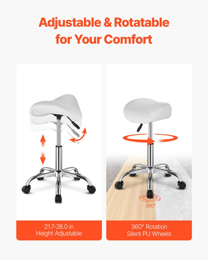 Saddle Stool Swivel Stool with Wheels PU Leather Height Adjustable White