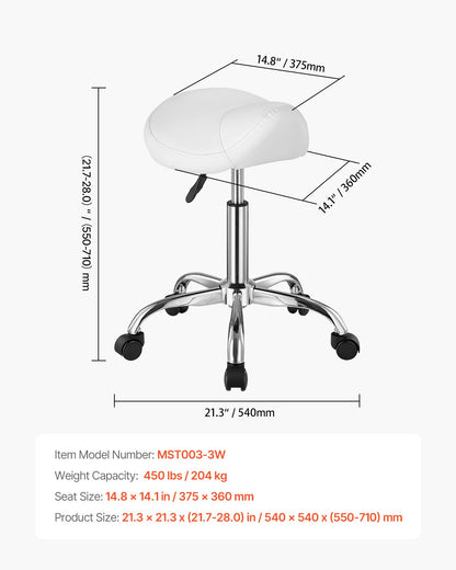 Saddle Stool Swivel Stool with Wheels PU Leather Height Adjustable White