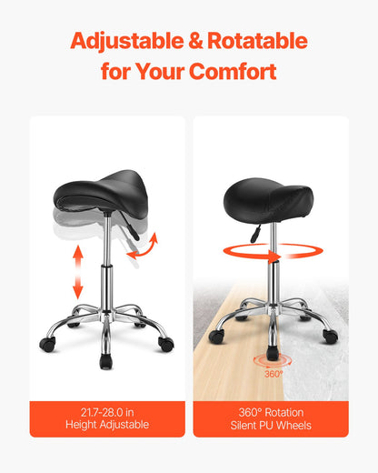 Saddle Stool Swivel Stool with Wheels PU Leather Height Adjustable Black