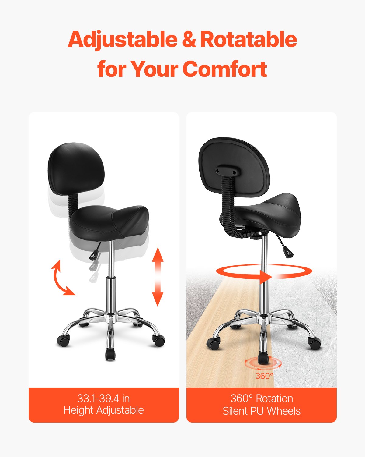 Saddle stool Swivel stool with backrest PU leather Height adjustable Black