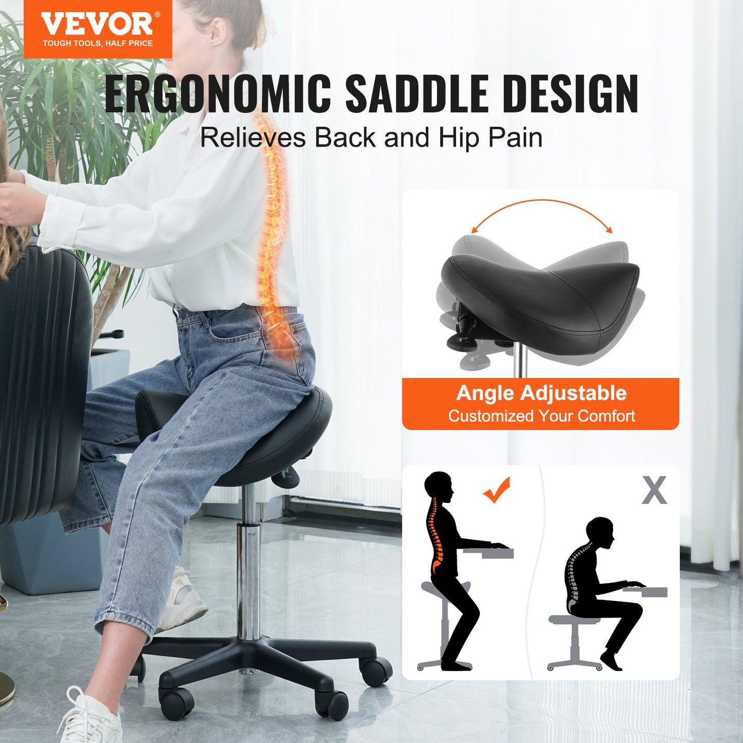 Saddle Stool with Wheels, 400 LBS Weight Capacity Ergonomic Rolling Saddle Stool, Height Adjustable Thickened PU Leather Swivel Saddle Stool Chair for Salon, Spa, Tattoo, Clinic, Black