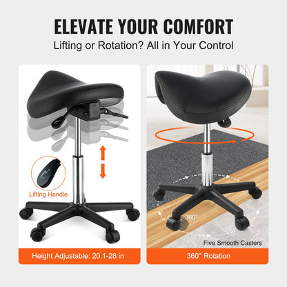 Saddle Stool with Wheels, 400 LBS Weight Capacity Ergonomic Rolling Saddle Stool, Height Adjustable Thickened PU Leather Swivel Saddle Stool Chair for Salon, Spa, Tattoo, Clinic, Black