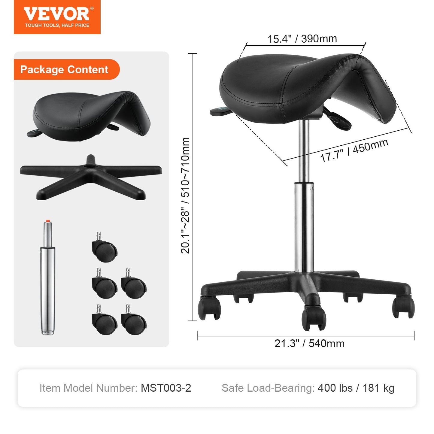 Saddle Stool with Wheels, 400 LBS Weight Capacity Ergonomic Rolling Saddle Stool, Height Adjustable Thickened PU Leather Swivel Saddle Stool Chair for Salon, Spa, Tattoo, Clinic, Black