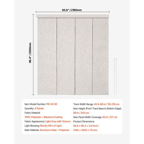 Panel Rail Blinds Extendable Rails 116 to 218 cm B Can Be Edge-cut Light Grey