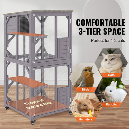 Cat House Outdoor, 3-Tier Large Catio, Cat Enclosure with 360° Rotating Wheels, 2 Platforms, a Resting Box and Large Front Door, 29.9 x 34 x 64.1 inches