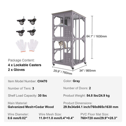 Cat House Outdoor, 3-Tier Large Catio, Cat Enclosure with 360° Rotating Wheels, 2 Platforms, a Resting Box and Large Front Door, 29.9 x 34 x 64.1 inches