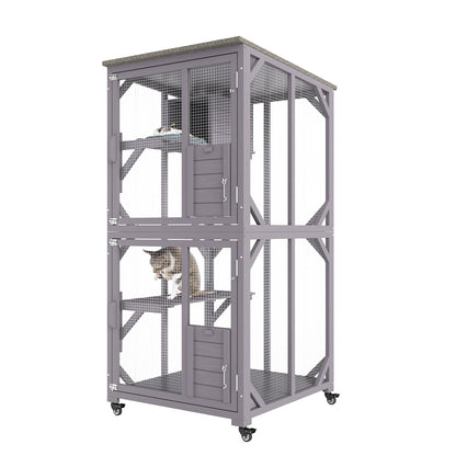 Cat House Outdoor, 3-Tier Large Catio, Cat Enclosure with 360° Rotating Wheels, 2 Platforms, a Resting Box and Large Front Door, 29.9 x 34 x 64.1 inches