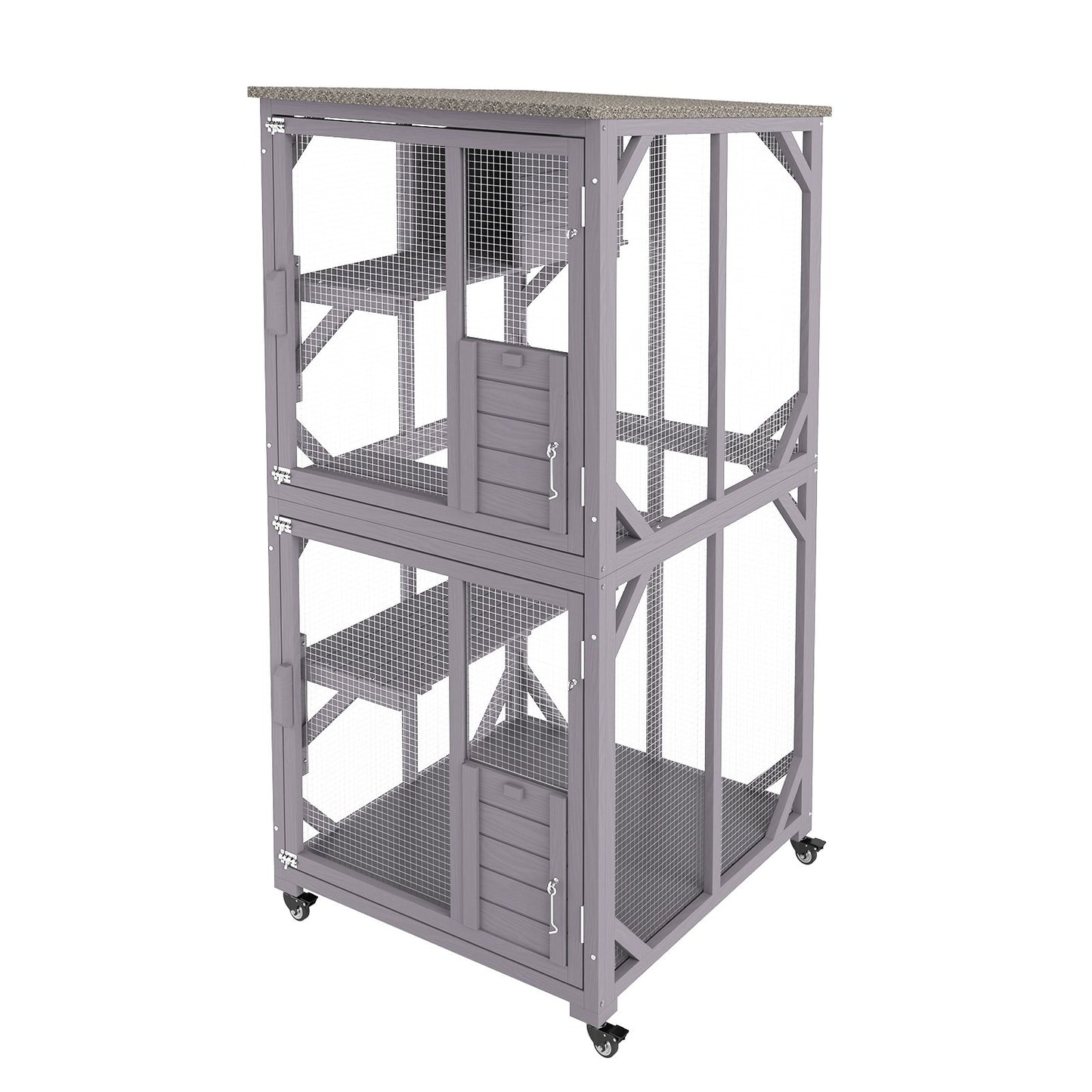 Cat House Outdoor, 3-Tier Large Catio, Cat Enclosure with 360° Rotating Wheels, 2 Platforms, a Resting Box and Large Front Door, 29.9 x 34 x 64.1 inches