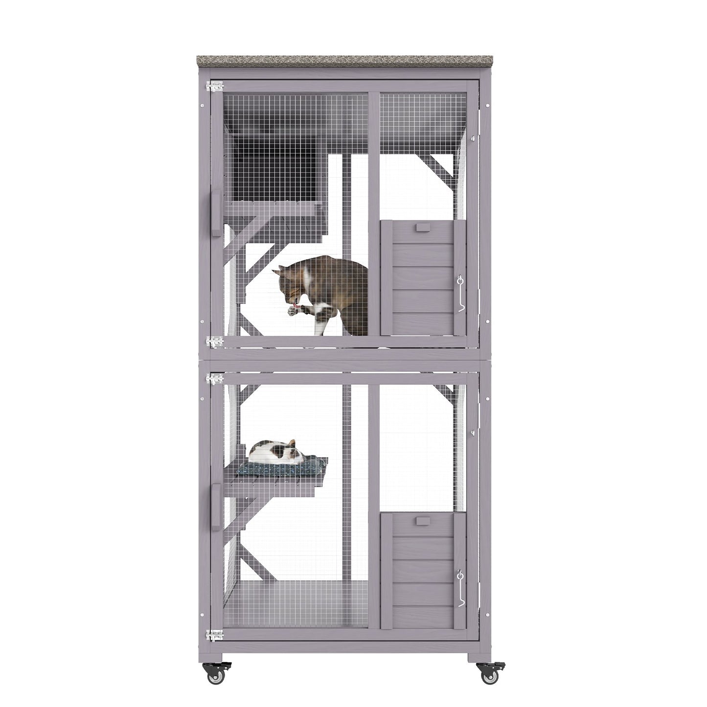 Cat House Outdoor, 3-Tier Large Catio, Cat Enclosure with 360° Rotating Wheels, 2 Platforms, a Resting Box and Large Front Door, 29.9 x 34 x 64.1 inches