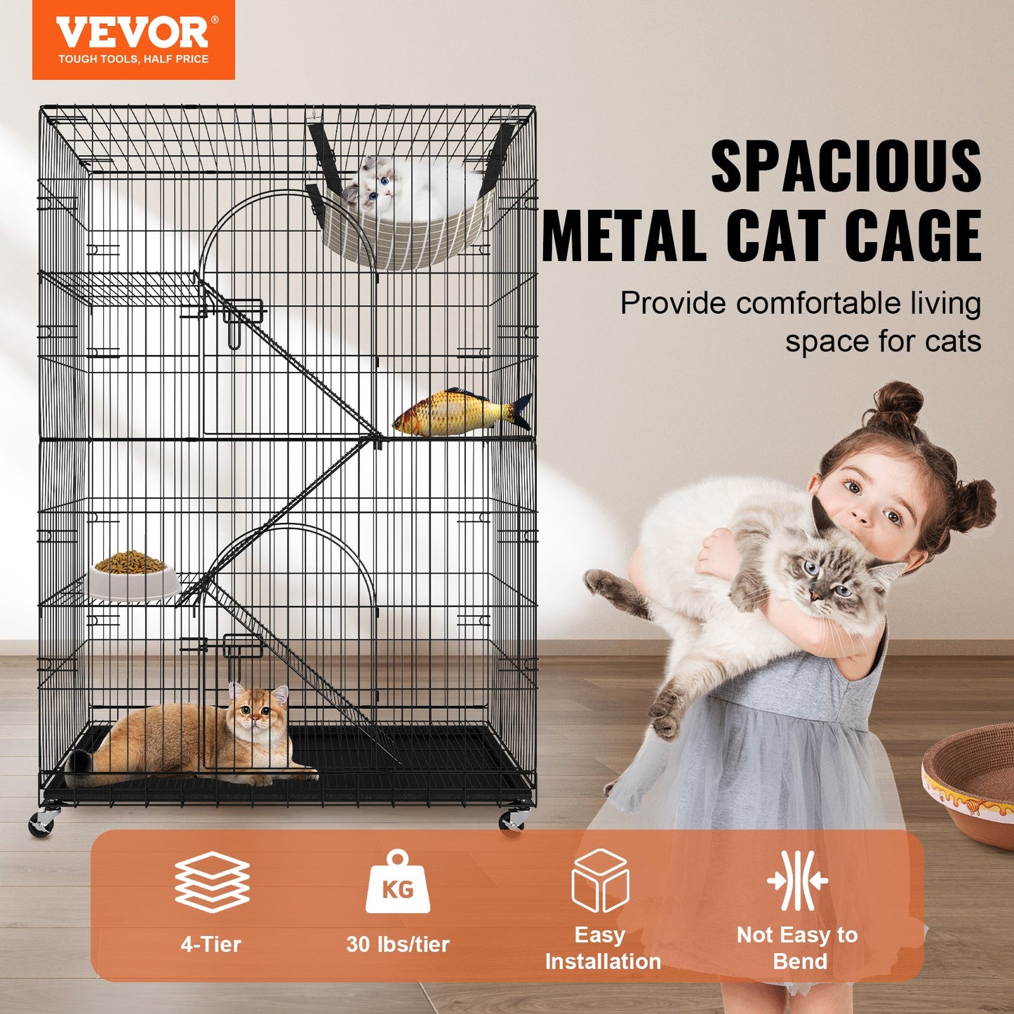 Catio, 4-Tier Large Indoor Cat Cages, Detachable Metal Playpen Enclosure with 360° Rotating Wheels, with 3 Ladders and a Hammock for 1-3 Cats, 35.4x23.6x51 inches