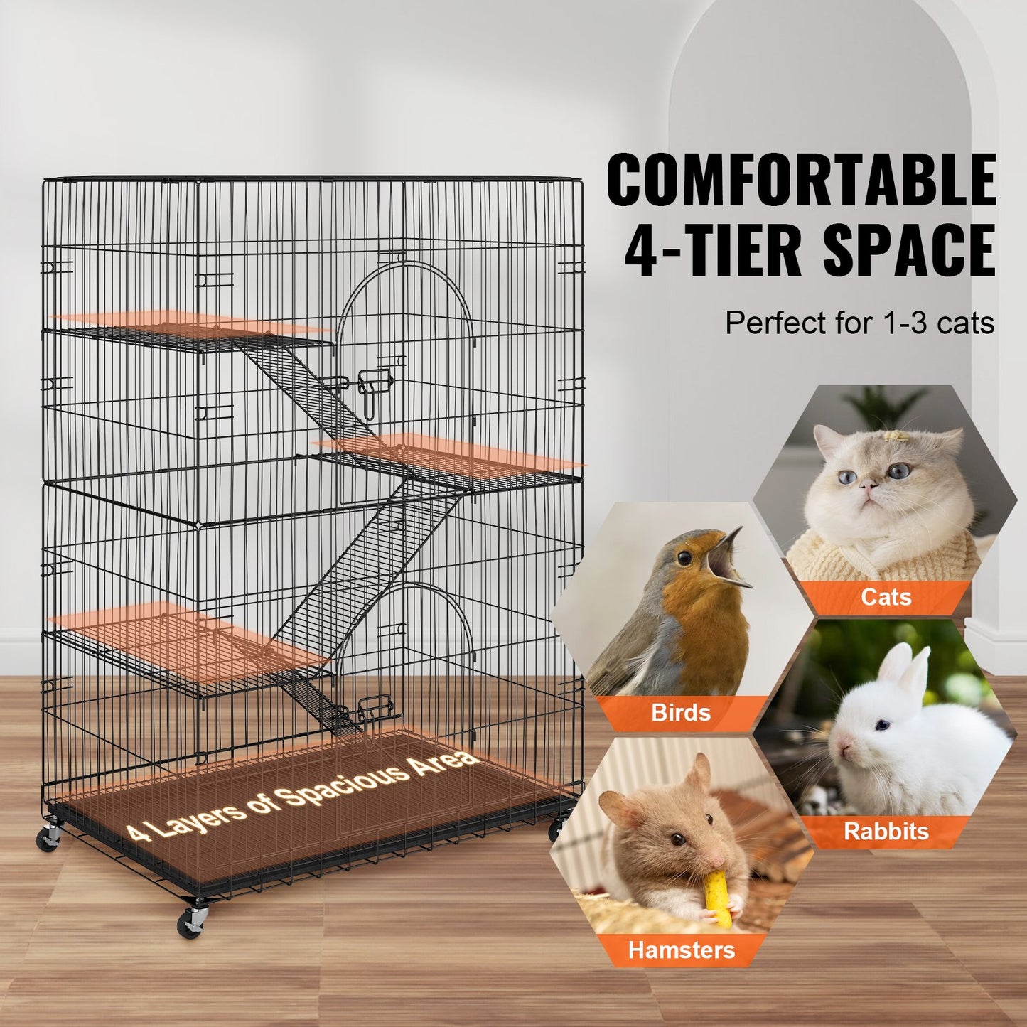 Catio, 4-Tier Large Indoor Cat Cages, Detachable Metal Playpen Enclosure with 360° Rotating Wheels, with 3 Ladders and a Hammock for 1-3 Cats, 35.4x23.6x51 inches