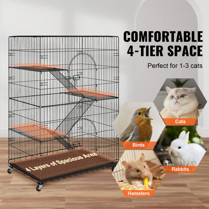 Catio, 4-Tier Large Indoor Cat Cages, Detachable Metal Playpen Enclosure with 360° Rotating Wheels, with 3 Ladders and a Hammock for 1-3 Cats, 35.4x23.6x51 inches