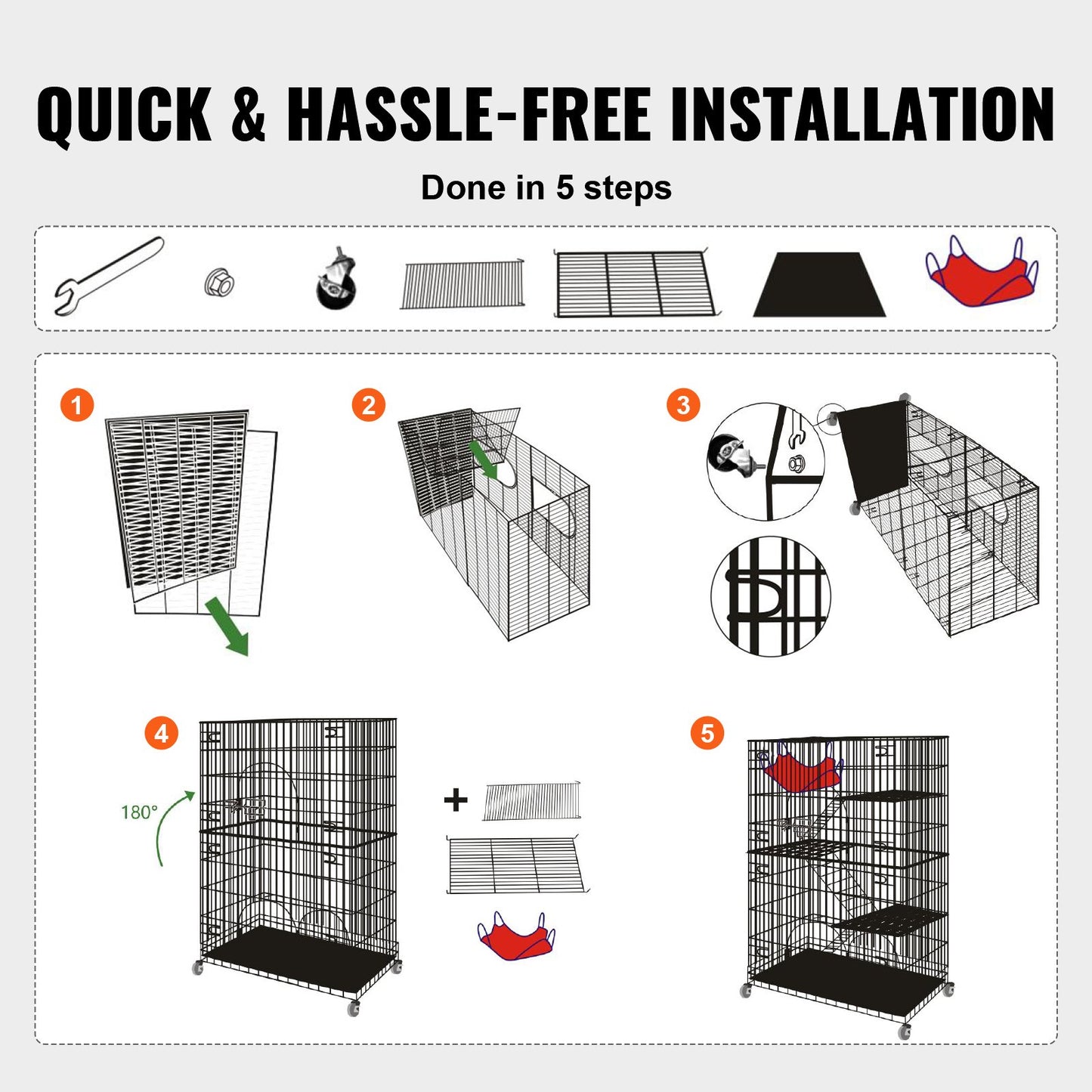 Catio, 4-Tier Large Indoor Cat Cages, Detachable Metal Playpen Enclosure with 360° Rotating Wheels, with 3 Ladders and a Hammock for 1-3 Cats, 35.4x23.6x51 inches