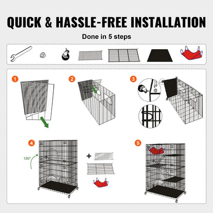 Catio, 4-Tier Large Indoor Cat Cages, Detachable Metal Playpen Enclosure with 360° Rotating Wheels, with 3 Ladders and a Hammock for 1-3 Cats, 35.4x23.6x51 inches