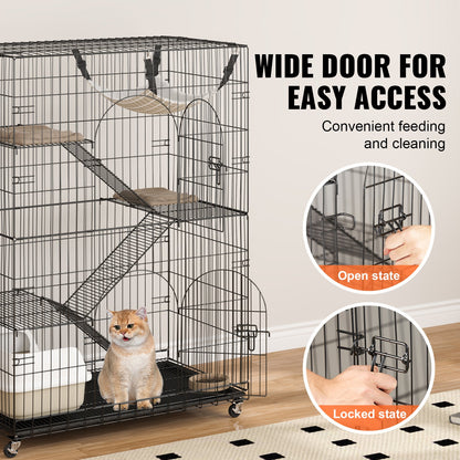 Catio, 4-Tier Large Indoor Cat Cages, Detachable Metal Playpen Enclosure with 360° Rotating Wheels, with 3 Ladders and a Hammock for 1-3 Cats, 35.4x23.6x51 inches