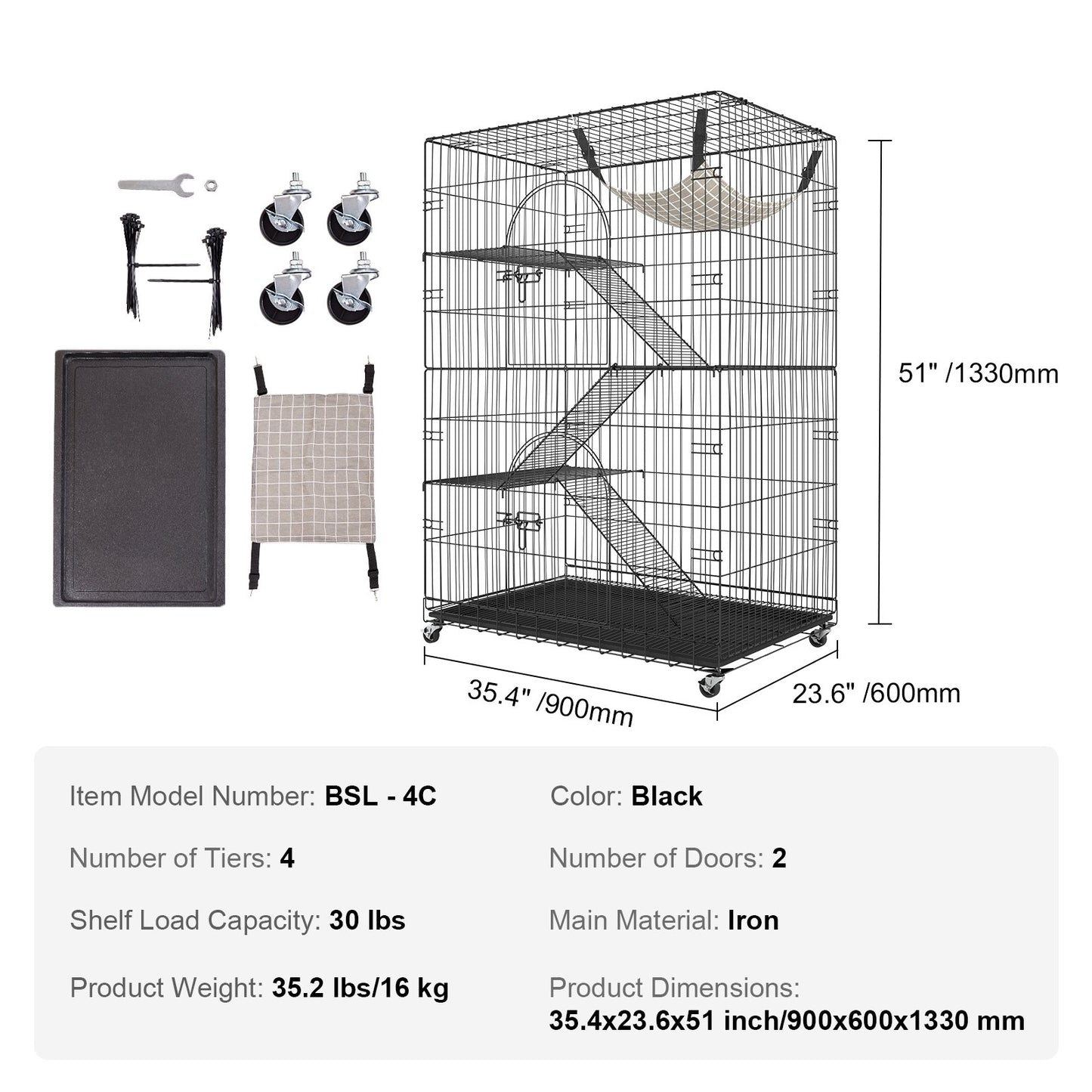 Catio, 4-Tier Large Indoor Cat Cages, Detachable Metal Playpen Enclosure with 360° Rotating Wheels, with 3 Ladders and a Hammock for 1-3 Cats, 35.4x23.6x51 inches