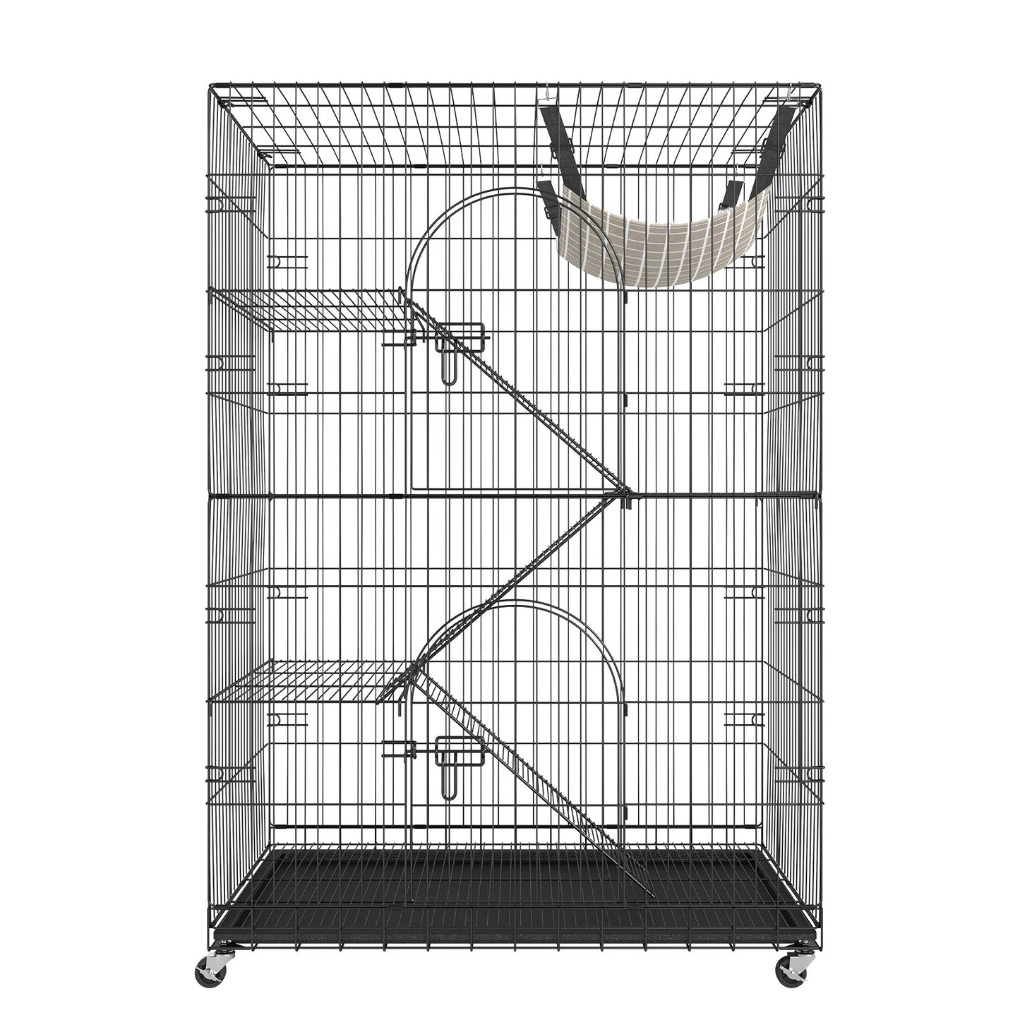 Catio, 4-Tier Large Indoor Cat Cages, Detachable Metal Playpen Enclosure with 360° Rotating Wheels, with 3 Ladders and a Hammock for 1-3 Cats, 35.4x23.6x51 inches