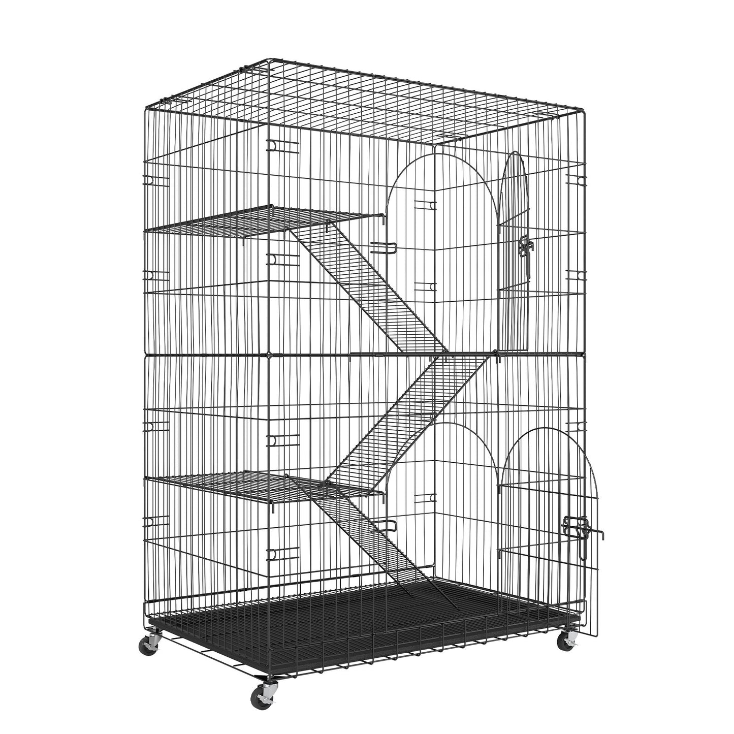 Catio, 4-Tier Large Indoor Cat Cages, Detachable Metal Playpen Enclosure with 360° Rotating Wheels, with 3 Ladders and a Hammock for 1-3 Cats, 35.4x23.6x51 inches
