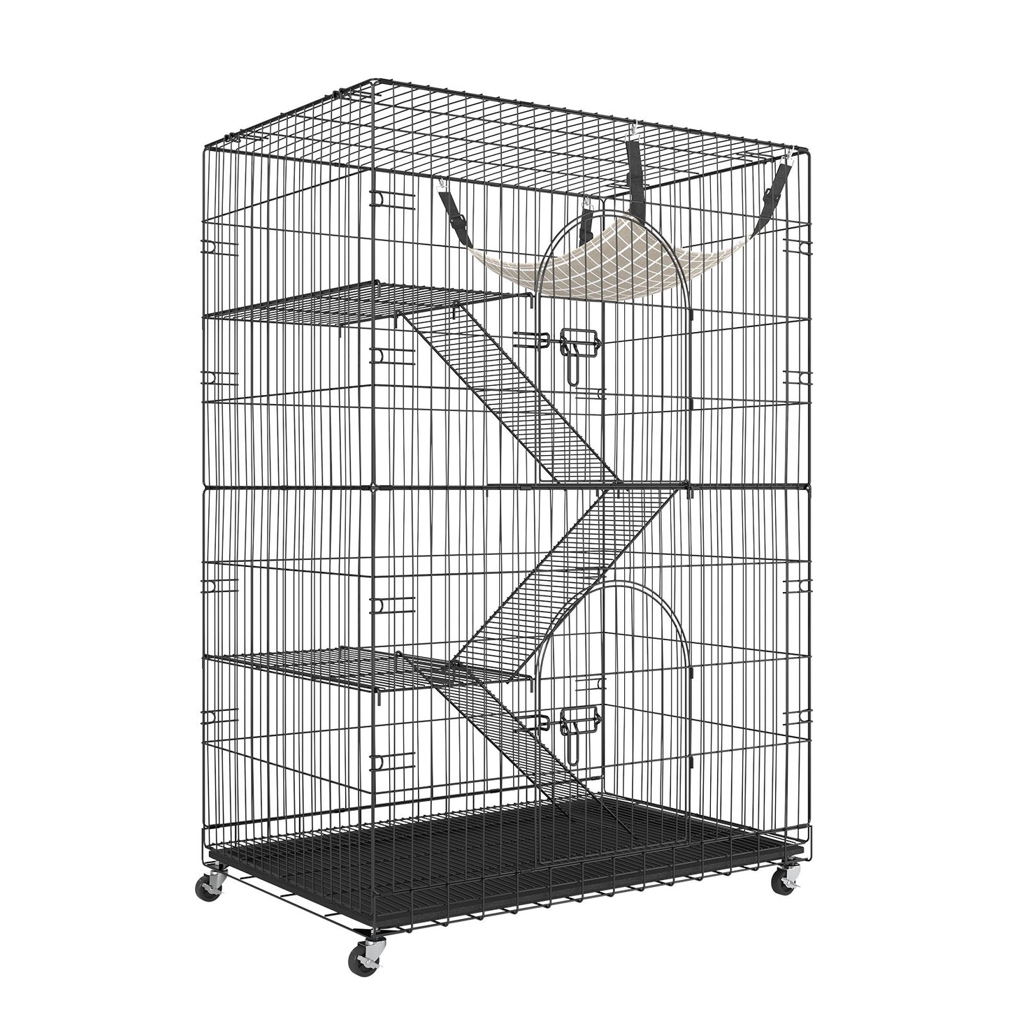 Catio, 4-Tier Large Indoor Cat Cages, Detachable Metal Playpen Enclosure with 360° Rotating Wheels, with 3 Ladders and a Hammock for 1-3 Cats, 35.4x23.6x51 inches