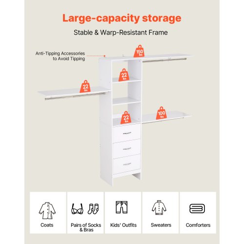 garderobssystem med 3 lådor, justerbar höjd för garderobsorganisering i trä, modern klädkammare med 3 utdragbara galgar, fristående klädställ, vit |  EU