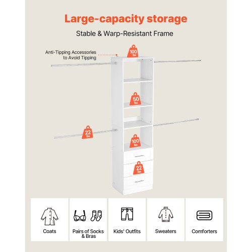 garderobssystem med 3 lådor, justerbar höjd i trä, modern klädkammare med 4 utdragbara galgar, fristående klädställ, vit |  EU