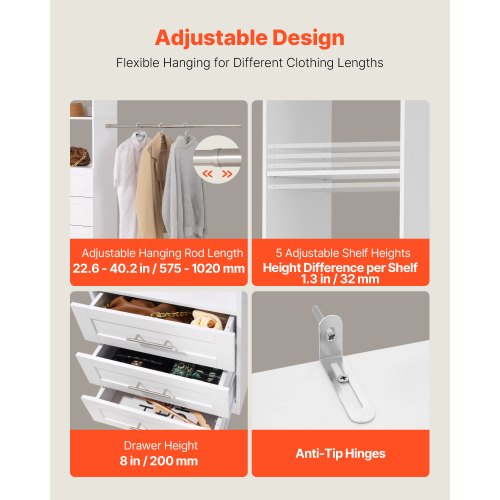 garderobssystem med 3 lådor, justerbar höjd i trä, modern klädkammare med 4 utdragbara galgar, fristående klädställ, vit |  EU
