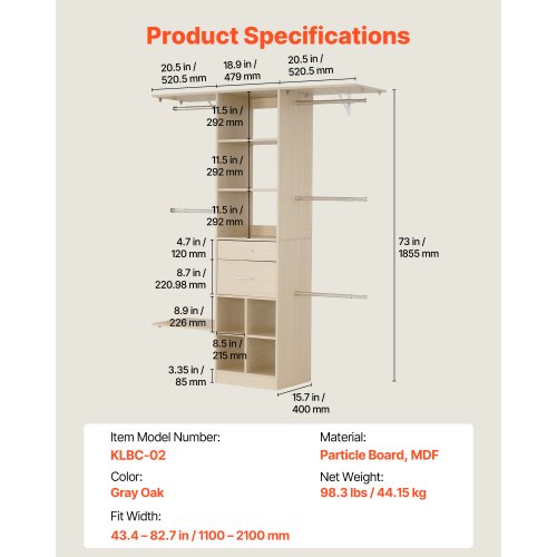 garderobssystem med 2 lådor, justerbar höjd i trä, modern klädkammare med 5 utdragbara galgar, fristående klädställ, grå |  EU