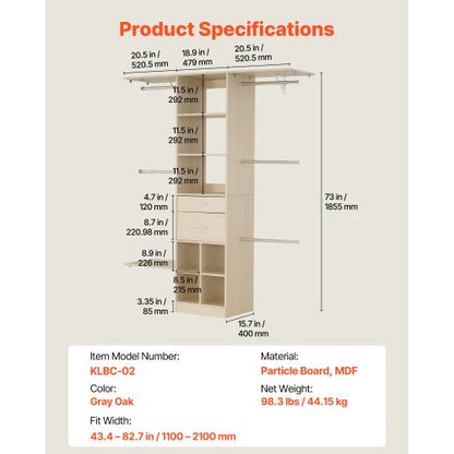 garderobssystem med 2 lådor, justerbar höjd i trä, modern klädkammare med 5 utdragbara galgar, fristående klädställ, grå |  EU