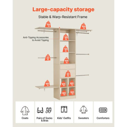 garderobssystem med 2 lådor, justerbar höjd i trä, modern klädkammare med 5 utdragbara galgar, fristående klädställ, grå |  EU