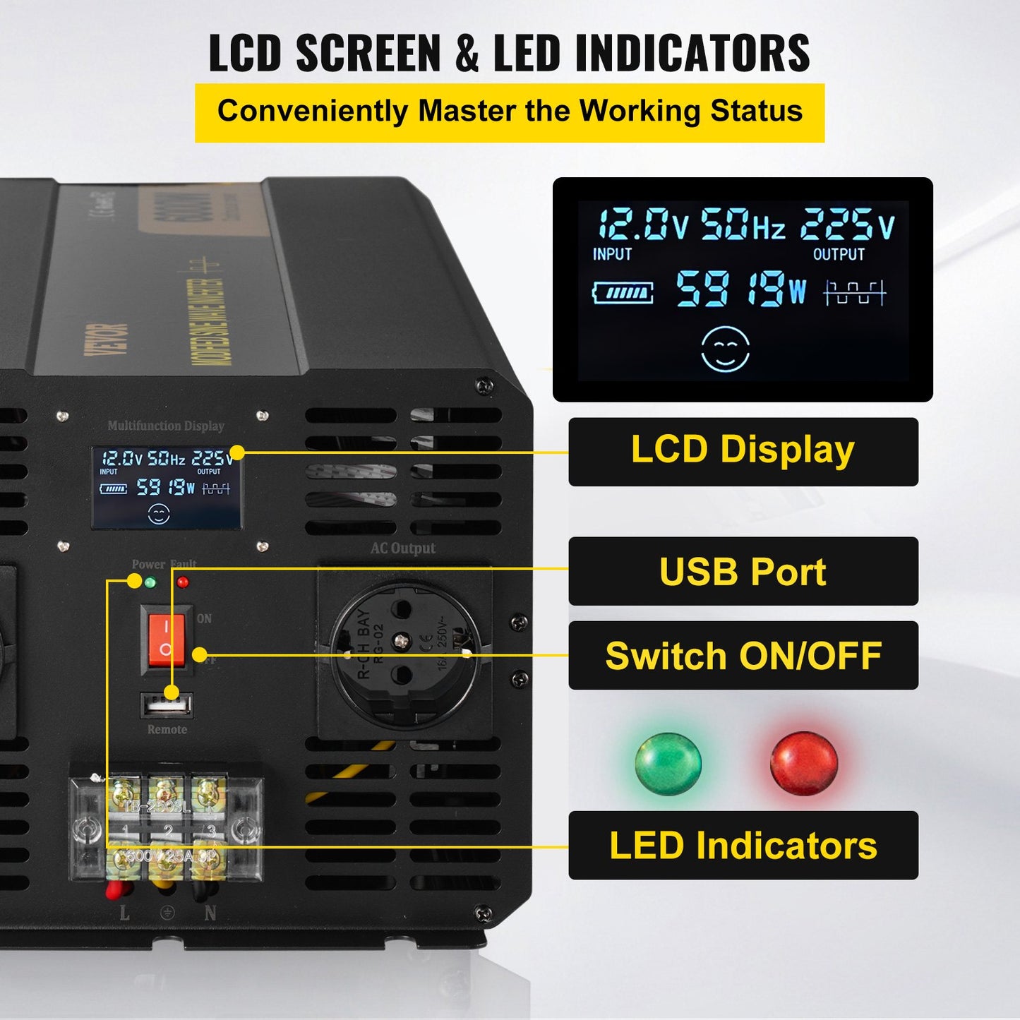 Power Inverter Modifierad Sine Wave Inverter 6000W DC 12V till AC 230V LCD