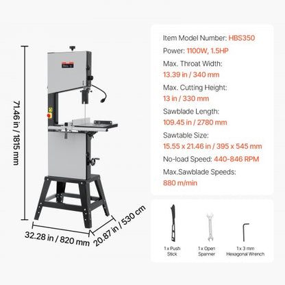 Woodworking Band Saw 13.39 inch Bench Band Saw 440-846 RPM 1100 W 1 1/2 HP | EU