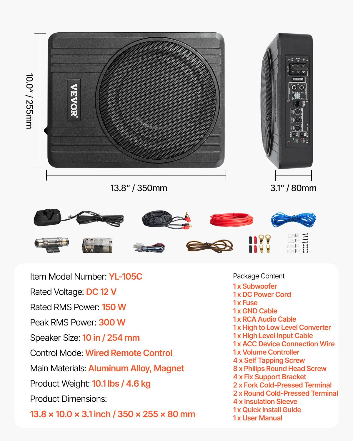 10" 300W under säte bil subwoofer Slimdriven bil/lastbil subwoofer system