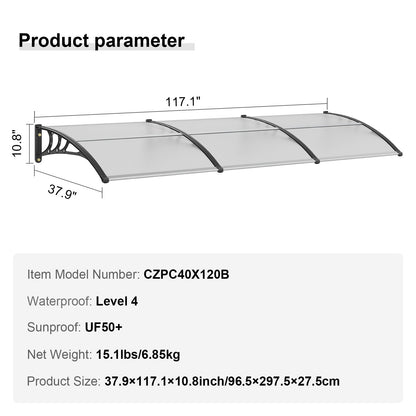 Fönsterdörrsmarkis, 38" x 117" Dörrtak exteriör, UF50+ PC-solskyddsmarkiser, uteplatsmarkis Solskydd, Transparent, Vattentät, för sollucka, UV, regn, snöskydd