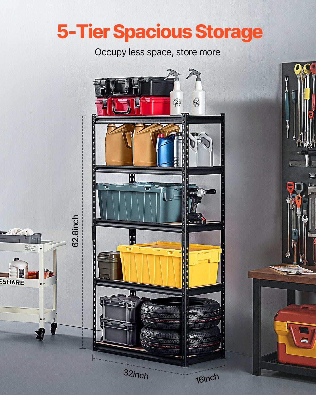 Förvaringshyllor 16" D x 32" B x 62,8" H 5-vånings Garage Förvaringshyllor