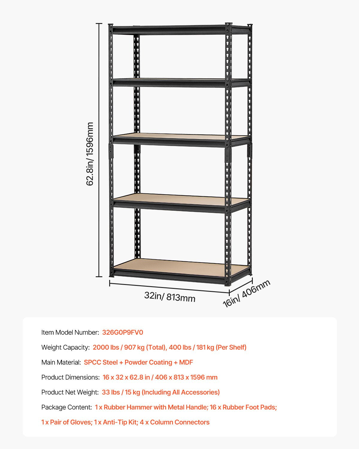 Förvaringshyllor 16" D x 32" B x 62,8" H 5-vånings Garage Förvaringshyllor