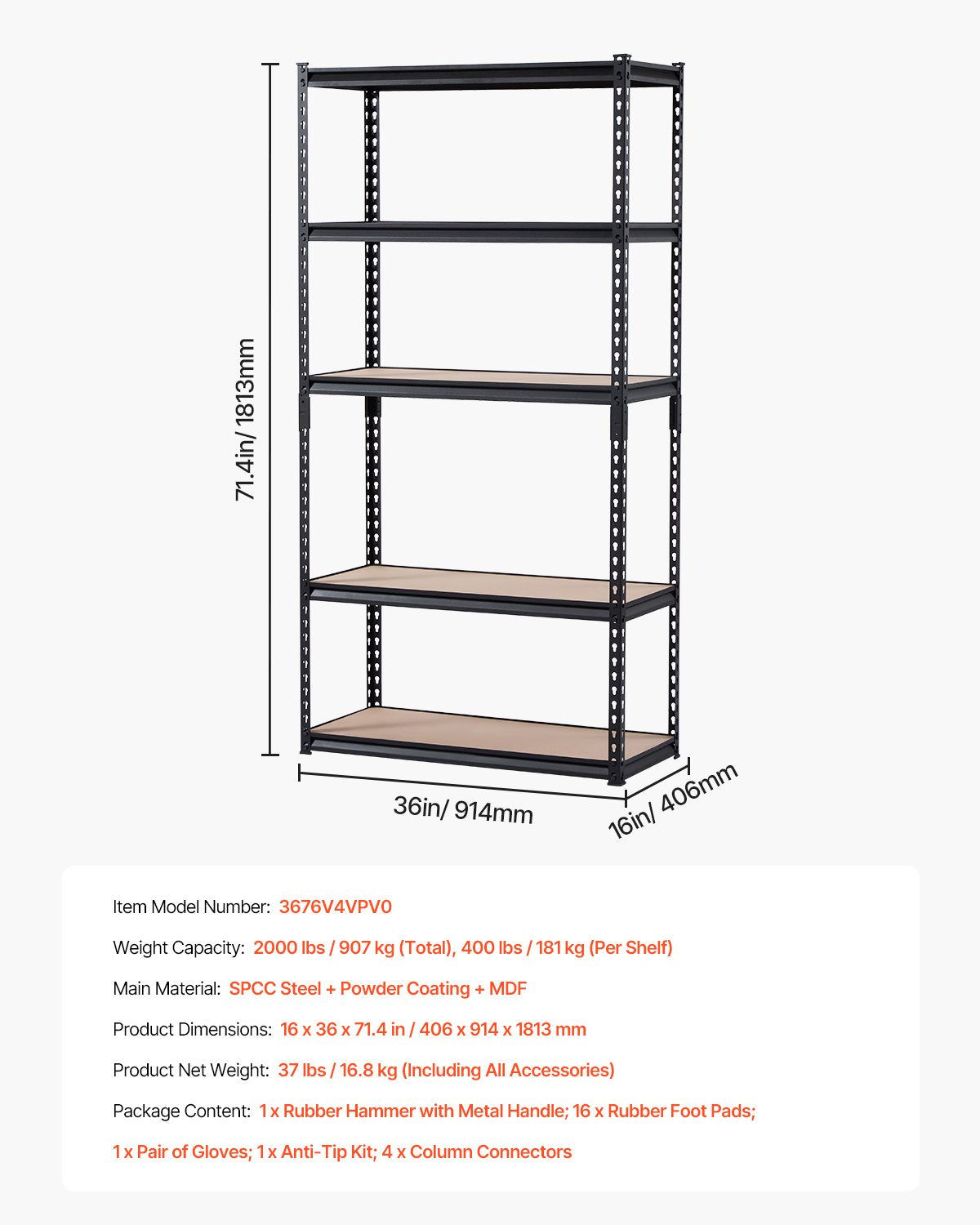 Storage Shelves 16" D x 36" W x 71.4" H 5-Tier Garage Storage Shelves