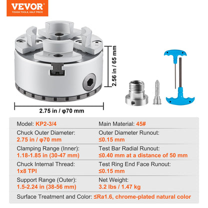 KP2-3/4 Drehfutter, 4-Backen 2,75" Durchmesser, Metall-Drehfutter Drehmaschinenzubehör, Selbstzentrierendes Werkzeug, für Drehmaschinen, Präzisionsbearbeitung, Schleifmaschinen, Fräsmaschinen