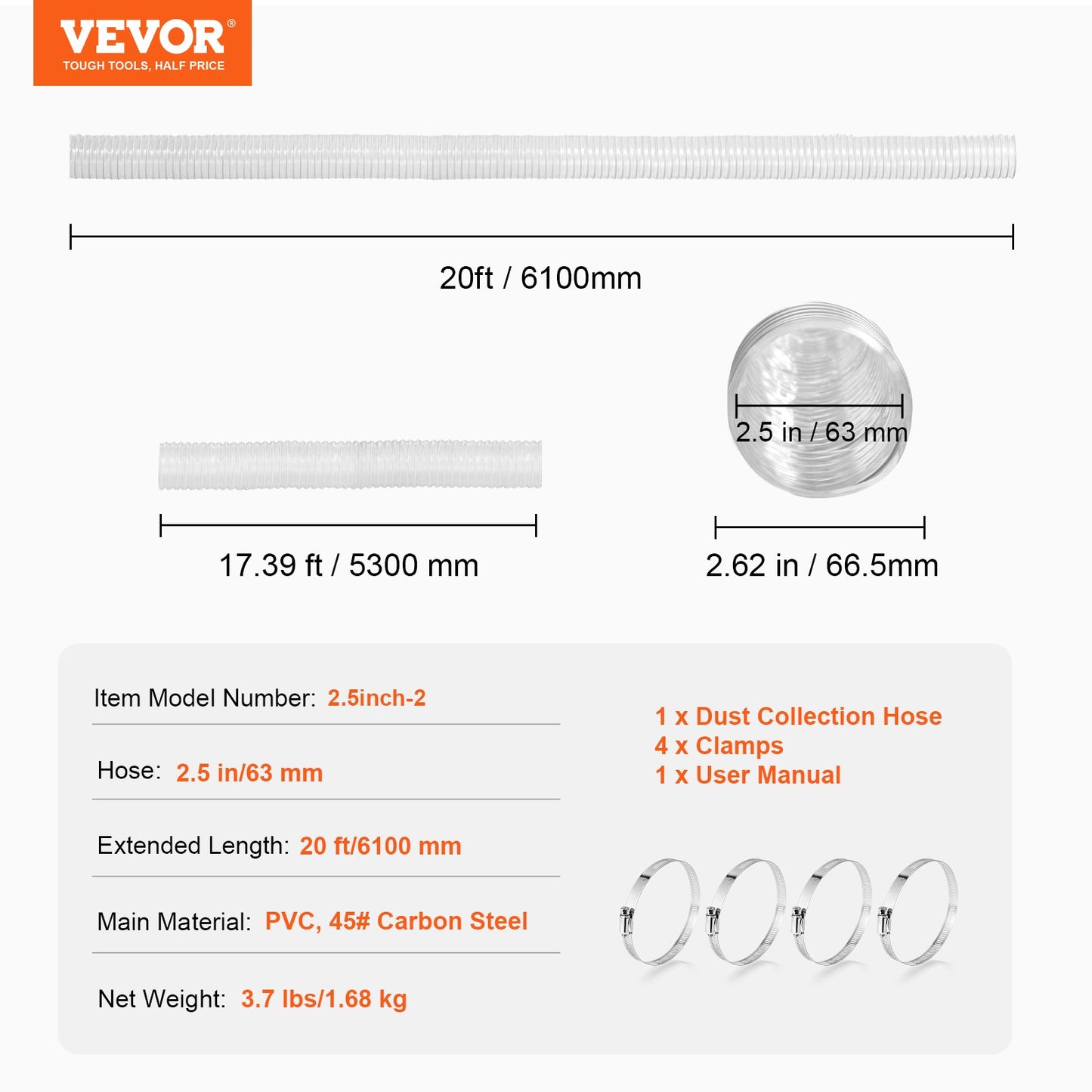 2,5" x 20" dammuppsamlingsslang Förtjockad PVC flexibel klar slang