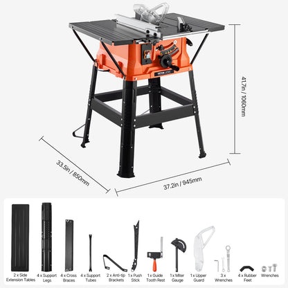 Table Saw with Stand, 1800W Portable Compact Table Saw, 254MM Saw Blade OD, 200MM Max. Cutting Capacity, 4,800rpm Cutting Speed, with 24-Teeth Saw Blade, for Woodworking and Furniture Making