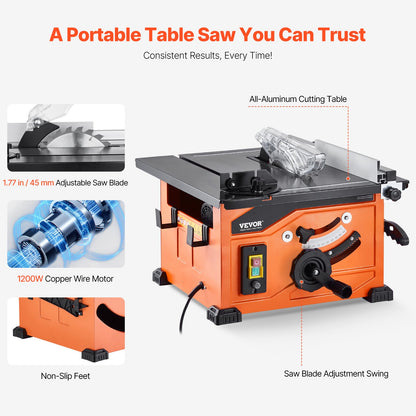 Table Saw, 1200W Portable Compact Table Saw, 210MM Saw Blade OD Construction Circular Saw, 225MM Max. Cutting Capacity, 4800rpm Cutting Speed, with 24-tooth Saw Blade, Miter Gauge, for DIY Woodworking and Furniture Making